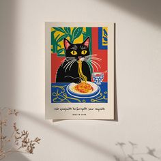 a black cat eating spaghetti from a plate on a wall next to a potted plant