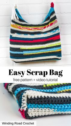 a crocheted bag hanging from a hook with the text rag rug bag free crochet pattern