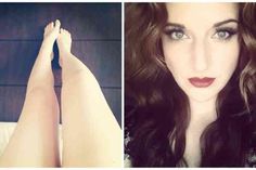 a woman with long hair and blue eyes is shown in two different pictures, one has her legs crossed