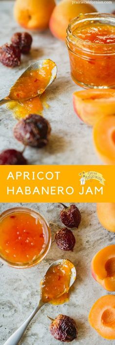 apricot habanero jam with spoons and dried fruit in the background