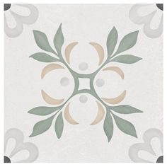 an artistic tile design with leaves and circles in grey, beige, and white colors