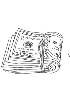 a drawing of a man's face is shown in front of a stack of money