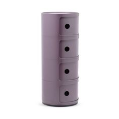 a tall purple vase with four drawers on the bottom and three holes in the middle