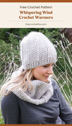 a woman wearing a hat and scarf with the text free crochet pattern whispering wind crochet warmers