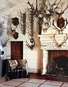 several deer heads hang on the wall above a fireplace