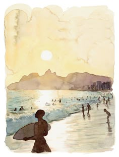 watercolor painting of surfers on the beach at sunset