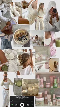 a collage of photos with women in white outfits and food on the table,