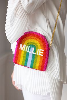 Custom Rainbow Bag | Beth Ladd Collections Leave Design, Rainbow Purses, Novelty Purses, Kids Purse, Rainbow Bag, Bottle Earrings, Accessories Boutique, Rainbow Outfit, Novelty Bags