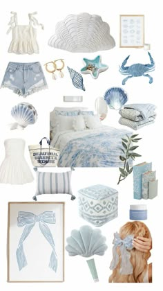 a collage of blue and white items including an ocean theme, shells, seashells