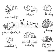 a drawing of different types of pastries on a white background with words written in black ink