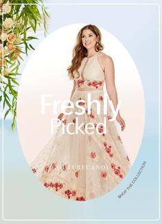 a woman wearing a dress with flowers on it and the words freshly picked above her