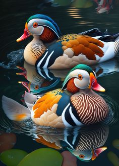 two colorful ducks floating on top of a body of water