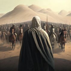 a group of men riding horses in front of a crowd of people on the desert