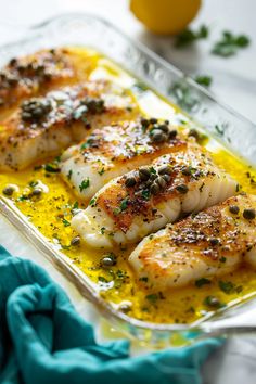 some food is in a glass dish on a white table with a blue towel and lemons