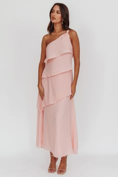 Delwyn One-Shoulder Maxi Dress Baby Pink Pink One-shoulder Maxi Dress For Prom Season, Pink One-shoulder Maxi Dress, One-shoulder Pink Beach Dress, Baby Pink Bridesmaid Dresses, Pink One-shoulder Maxi Dress For Night Out, Casual Pink One-shoulder Maxi Dress, Pink Selfie, Light Pink Bridesmaid Dresses, Pink Dress Shoes