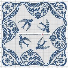 a cross stitch pattern with birds and flowers on the bottom, in blue tones that appear to