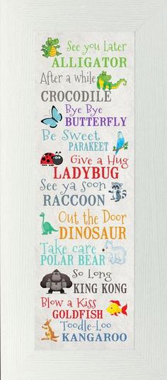 a cross stitch pattern with the names of different animals and words in each letter, which are