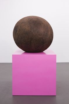 a large brown ball sitting on top of a pink block in front of a white wall