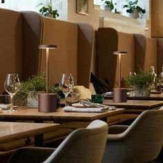 a long table with several wine glasses on it and some plants in vases next to the tables