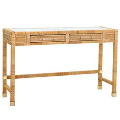 a wooden desk with two drawers on one side and a glass top on the other