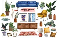 watercolor interior design clip art with plants and pictures on the wall, couches, chairs, rugs