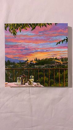 a painting of two glasses of wine on a table with a view of the city