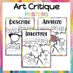 three posters with the words art critique and an image of clouds on them