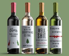 This 4-pack of 2020 Holiday Wine Labels by TwistLabelingCo is a great gift for Christmas in the midst of a pandemic - or an even better way of marking your own wine bottles! ABOUT THE LABELS Each label is approximately 4.75 x 3.25 inches, sized to fit a standard wine bottle. SHIPPING US → Standard Shipping: 3-7 business days → Priority Shipping: 2-3 business days → Priority Express: Next day or 2nd Day (depending on location) GUARANTEED INTERNATIONAL → Standard Shipping: 1-4 weeks → Priority Shi Funny Wine Bottle Labels, Holiday Wine Label, Wine Funny, Custom Wine Labels, Christmas Wine Bottles, Label Christmas, Holiday Wine, Wine Night, Funny Wine