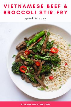 beef and broccoli stir - fry with rice in a white bowl on a pink background