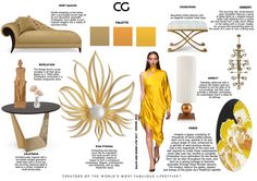 the color scheme for an interior design project is shown in yellow and white, with gold accents