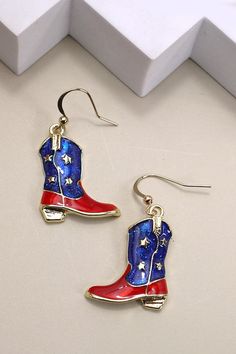 pair of red, white and blue cowboy boots earrings