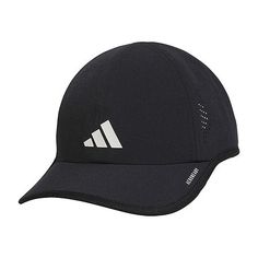 the adidas cap is black and has white stripes on it's front side