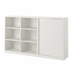 a white bookcase with doors and shelves on both sides is shown in front of a white background