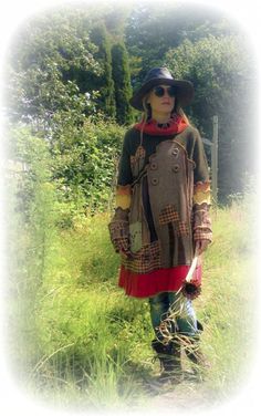 Mushroom dress Mushroom Cardigan, Cottagecore Sweater Mushroom, Upcycle Sweater Dress, Bohemian Patchwork Tunic Dress, Festival Lagenlook Patchwork Dress, Sewing Ideas Clothes, Denim Refashion, Unusual Clothes, Sweater Refashion