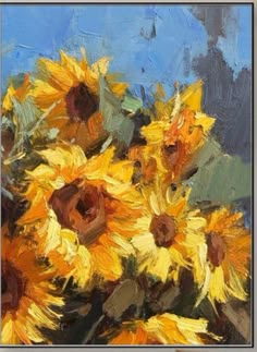 a painting of yellow sunflowers in a vase