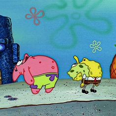 the spongebob and his friends are walking in front of some pineapples