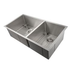 double stainless steel kitchen sink with drainers and grids on the bottom, in front of a white background