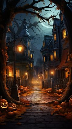 an image of a halloween scene with pumpkins on the ground and lights in the trees