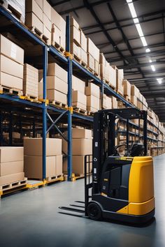 a forklift in a warehouse with boxes on the shelves