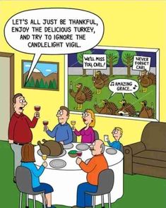 a cartoon showing people sitting at a table with turkeys and wine glasses in front of them