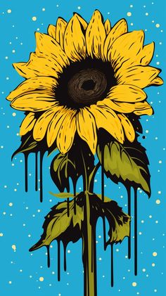 a large sunflower with dripping paint on it's petals and leaves in front of a blue background