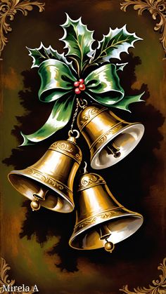 a painting of three bells with holly leaves