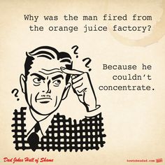 a drawing of a man holding his head in one hand and an orange juice factory on the other