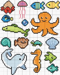 cross stitch pattern with an octopus, fish and other animals on it's side