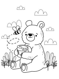 a black and white drawing of a bear holding a honey jar with a bee on it