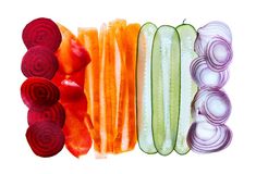 several different types of vegetables are arranged in a row on a white background, including red onions, celery, and onion slices