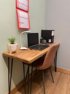 a desk with two laptops and a potted plant