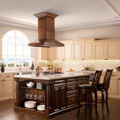 a large kitchen with an island in the middle and wooden cabinets on both sides is shown