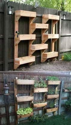 an outdoor shelf made out of pallets with plants growing on top and below it