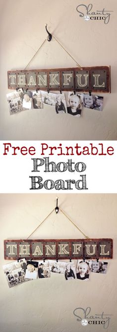 two pictures hanging on a wall with the words free printable photo board attached to it